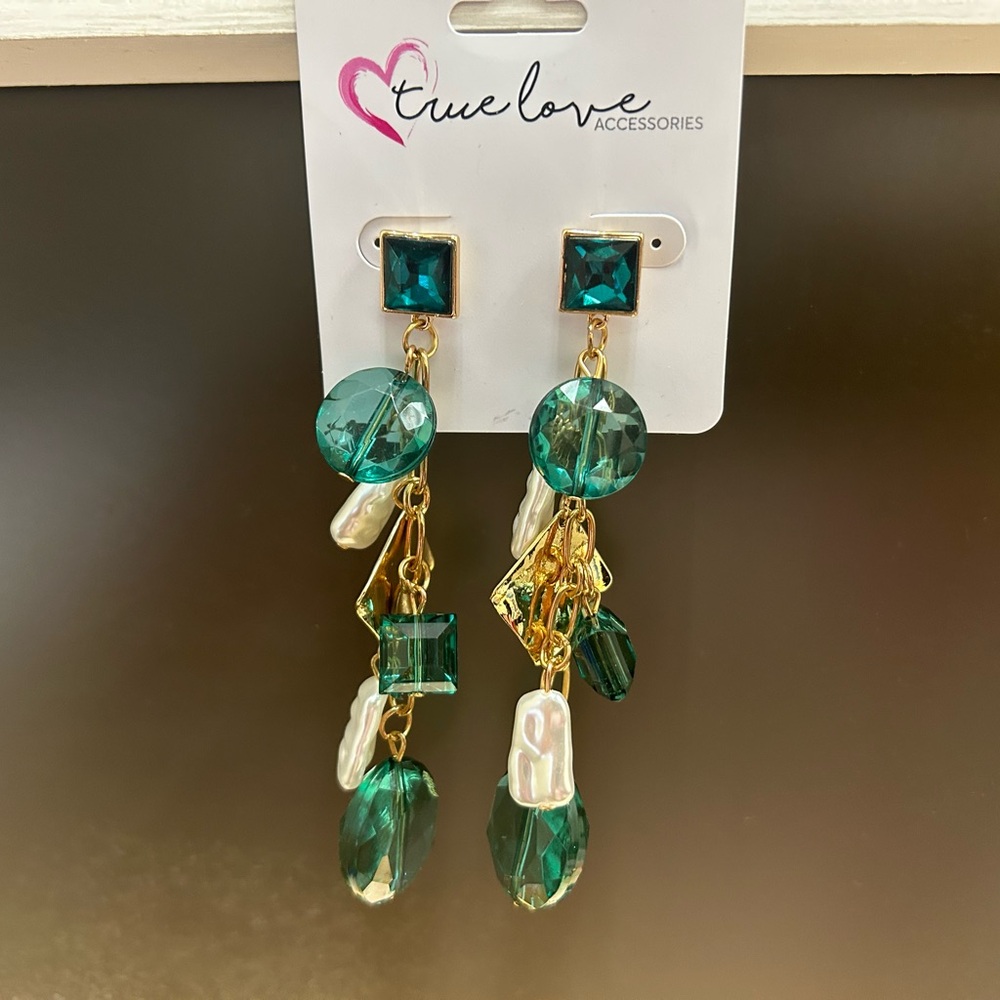 TRUE LOVE Green and Gold Dangle Earrings